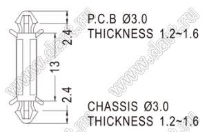 CBSA-13 фиксатор платы с двумя защелками; dп=3,0мм; s=1,2-1,6мм; d отв.=3,0мм; t=1,2-1,6мм; нейлон-66 (UL); натуральный