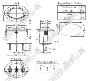 RK-12A переключатель клавишный; ON-OFF-ON; 1P2T; 10A 250VAC / 16A 250VAC