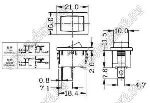 KAB-2D переключатель клавишный; (ON)-OFF / ON-(OFF); 10A 250VAC / 6A 250VAC