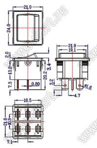 RK-06 переключатель клавишный; ON-OFF; 2P1T / 1P1T; 8A 250VAC / 10A 250VAC