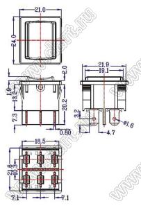 RK-06A переключатель клавишный; ON-OFF-ON; 2P2T / 1P2T; 8A 250VAC / 10A 250VAC