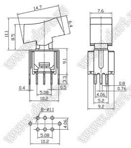 SRLS-203-A2T переключатель клавишный; ON-OFF-ON; DPDT; 6P