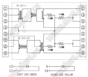 SK01-111001PNL-SOCKET гнездо RJ-45 8P8C на плату с развязкой, фильтрами и светодиодами