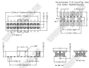 2200TB-072G-SM-23-PG (2420T236CWG1MUT01) розетка прямая двухрядная (гнездо) для поверхностного (SMD) монтажа с направляющими на плату с обратным входом; P=1,27x1,27мм; 72-конт.