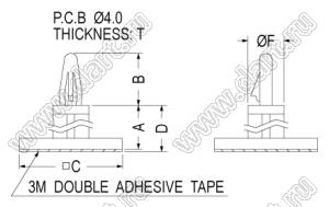 ASS-12.7L фиксатор платы с защелкой на самоклеящейся площадке 18x18 мм; A=11,8мм; B=10,2мм; T=1,2...1,6мм; dп=4,0мм; нейлон-66 (UL); натуральный