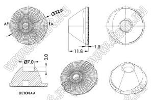 ILENS888-S23-1530P10-H линза для светодиода; D23,9*12,5мм; 15*30°; PMMA