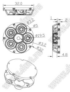 ILENS391-S32-XX-5H1-H линза для светодиода; D32,0*7,8мм; 10°, 15°, 20°, 25°, 30°, 38°, 40°, 45°, 60°, 75°; PMMA