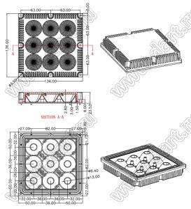 ILENS630-S136136-08-9H1-NH-S-H143M2 линза для светодиода; 136,00*136,00*23,53мм; 8°; PC/PMMA