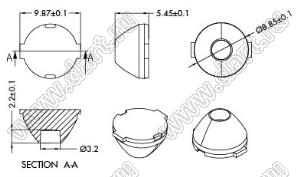 ILENS915-S10-M15-H линза для светодиода; D8,85*5,45/D10,02*6,5мм; 15°; PC