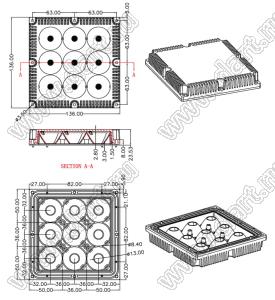 ILENS630-S136136-03-9H1-NH-S-H143M2 линза для светодиода; 136,00*136,00*23,53мм; 3°; PC/PMMA