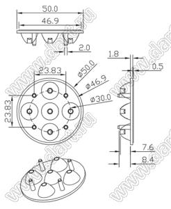 ILENS395-S50-XX-5H1-NH линза для светодиода; D50*10,7мм; 10°, 15°, 20°, 25°, 30°, 38°, 40°, 45°, 60°, 75°, 90°; PMMA