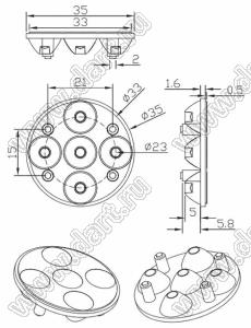 ILENS393-S35-XX-5H1-NH линза для светодиода; D35,0*8,1мм; 10°, 15°, 20°, 25°, 30°, 38°, 40°, 45°, 60°, 75°, 90°; PMMA