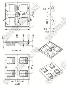 ILENS770-R5050-PG50-4H1-NH линза для светодиода; 49,5*49,5*9,2мм; asymmetric 50; PMMA