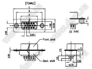 DS1035-15F2-CS (5508-15S-02-CS, DHS-15F) розетка D-SUB "высокой плотности" для пайки на кабель; 15-конт.; гайки сзади