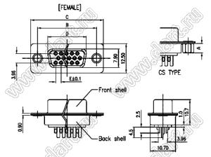 DS1035-15F2 (5508-15S-02-CS, DHS-15F) розетка D-SUB "высокой плотности" для пайки на кабель; 15-конт.; гайки сзади