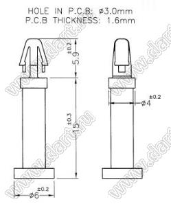 DCB-15S фиксатор платы с защелкой; A=15,0мм; B=4,0мм; H=6,0мм; E=1,6мм; dп=3,0мм; нейлон-66 (UL); натуральный