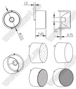 ILENS411-S13-XX-NH линза для светодиода; D13,3*7,35мм; 15°, 20°, 25°, 30°, 38°, 45°, 50°, 60°, 90°, 18*60°, 20*60°, 25*60°; PC