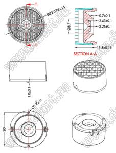 ILENS136-S22-B30-H278M линза для светодиода; D22,07*12,8мм; 30°; PC