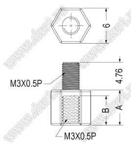 TP3-7.5 стойка шестигранная с внутренней и наружной резьбами М3x0,5; A=7,5мм; B=6,25мм; C=4,76мм; D=6,0мм; натуральный; M3x0,5; нейлон-66 (UL)