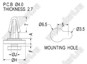 ACB-2.3 фиксатор платы с защелкой под фигурное отверстие в шасси; A=2,5мм; B=7,0мм; F=1,0мм; ØH=10,0мм; ØJ=2,8мм; E=2,7мм; dп=4,0мм; нейлон-66 (UL); натуральный