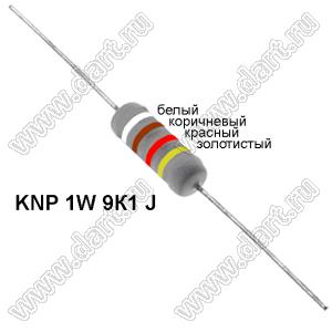 KNP 1W 9К1 J резистор проволочный; 1Вт; 5%; R=9,1(Ом); 5%; P=1Вт