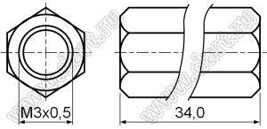 PCHSS-34 стойка шестигранная с внутренними резьбами; М3x0,5; SW=4,8мм; L=34,0мм; латунь; L2=6,0мм