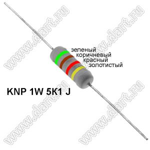 KNP 1W 5К1 J резистор проволочный; 1Вт; 5%; R=5,1(Ом); 5%; P=1Вт