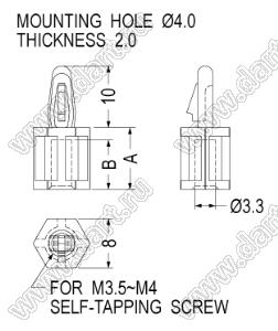 BS-10-1 фиксатор платы с защелкой и отверстием под винт; M3.5~M4; A=10,0мм; B=8,0мм; s=2,0мм; dп=4,0мм; нейлон-66 (UL); натуральный