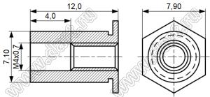 TSO-M4-1200 втулка запрессовочная резьбовая сквозная; резьба M4x0,7; L=12,0мм; D=7,10мм; сталь оцинкованная