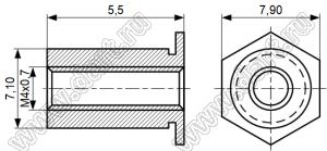 TSOS-3.5M4-550 втулка запрессовочная резьбовая сквозная; резьба M4x0,7; L=5,5мм; D=7,10мм; сталь нержавеющая
