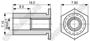 TSO-M4-1900 втулка запрессовочная резьбовая сквозная; резьба M4x0,7; L=19,0мм; D=7,10мм; сталь оцинкованная