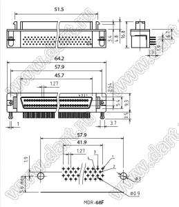 HDR-68F (MDR-68F) гнездо на плату, угловое; 68 (конт.)