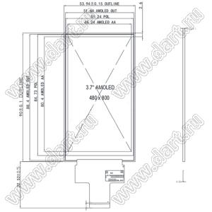 KD037WVOPD004 дисплей AMOLED 3,7-дюймовый с разрешением 480x800 точек и интерфейсом RGB с драйвером IC TL2796; 3,7дюйм; Количество цветов 16,7M; габариты 53,94x90,00x1,50мм