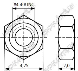 N-L0475-0200-04 (SCR-15N) гайка #4-40 для разъема D-SUB; B=2,0мм; T=2,0мм; сталь углеродистая никелированная