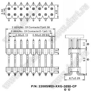 2208SMDI-18G-3090-CP вилка открытая прямая двухрядная приподнятая на плату для поверхностного (SMD) монтажа с захватом; шаг 2,00 x 2,00 мм; (2x9) конт.