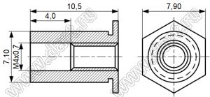 TSO-3.5M4-1050 втулка запрессовочная резьбовая сквозная; резьба M4x0,7; L=10,5мм; D=7,10мм; сталь оцинкованная