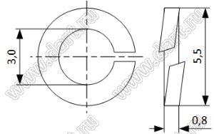 SCR-15WSG (W-C0550-0080-2) шайба Гровера для разъема D-SUB; B=5,0мм; D=5,5мм; d=3,0мм; T=0,8мм; сталь нержавеющая ANSI-304