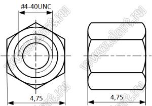 N-L0475-0475-04 гайка #4-40 для разъема D-SUB; B=4,7мм; T=4,7мм; сталь углеродистая никелированная