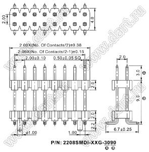 2208SMDI-08G-3090 (PLHD2-08SMD) вилка прямая двухрядная с двойным изолятором А=3мм., В=9мм., шаг 2,0 мм, 2х4 конт.