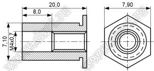 TSO-3.5M4-2000 втулка запрессовочная резьбовая сквозная; резьба M4x0,7; L=20,0мм; D=7,10мм; сталь оцинкованная