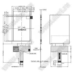 KD035VGFIA111 дисплей IPS с интерфейсом MIPI с разрешением 3,5 дюйма 480x640 ILI9806E VA LCD; 3,5дюйм; Количество цветов 65K/262K/16,7M; габариты 64,00x85,00x3,10мм
