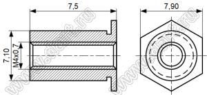 TSOS-M4-750 втулка запрессовочная резьбовая сквозная; резьба M4x0,7; L=7,5мм; D=7,10мм; сталь нержавеющая