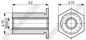 TSO-M2-500 втулка запрессовочная резьбовая сквозная; резьба M2x0,4; L=5,0мм; D=4,10мм; сталь оцинкованная