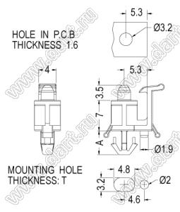 ULCSE-7L1 фиксатор платы с защелкой; A=5,45мм; T=2,34мм; черный; нейлон-66 (UL)