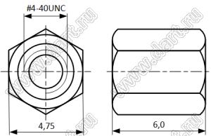 DS1045-02-0600-0500 гайка #4-40 для разъема D-SUB; B=6,0мм; T=6,0мм; сталь углеродистая никелированная