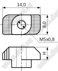 TSNAP-CH40-M5-S гайка Т-образная для алюминиевого профиля 20/30/40/45; M5x0,8; A=14,0мм; B=8,0мм; сталь оцинкованная