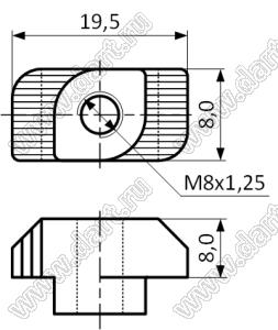 TSNAP-EU40-M8-N гайка Т-образная для алюминиевого профиля 20/30/40/45; M8x1,25; A=19,5мм; B=8,0мм; H=8,0мм; сталь никелированная