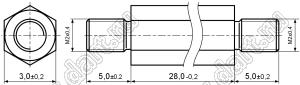 PCHNN2-28 (3.0) стойка шестигранная с внешними резьбами; M2x0,4; SW=3,0мм; L=28,0мм; латунь