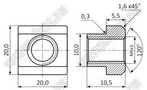 TSSGNAP-EU45-M6 гайка направляющая Т-образная для алюминиевого профиля 2020/3030/4040/4545 по GB/T 158-1996; M6x1; A=10,0мм; B=20,0мм; C=20,0мм; H=10,5мм; сталь оцинкованная