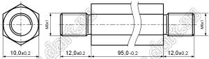 PCHNN6-95 (10.0) стойка шестигранная с наружными резьбами; резьба внутр. M6x1; резьба внешн. M6x1; SW=10,0мм; L=95,0мм; L2=12,0мм; L3=12,0мм; латунь